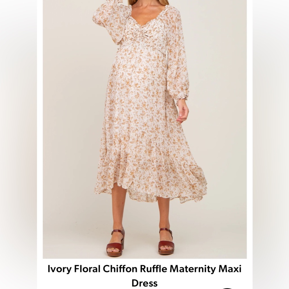 PinkBlush Maternity Ivory Floral Chiffon Ruffle Maxi Dress